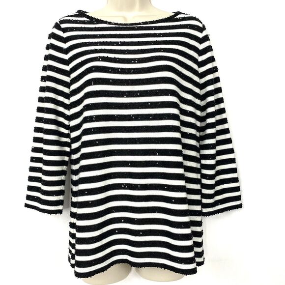 Talbots Sweaters - Talbots Sweater Womens Large Sequin Striped Black White Scoop Neck Top Holiday